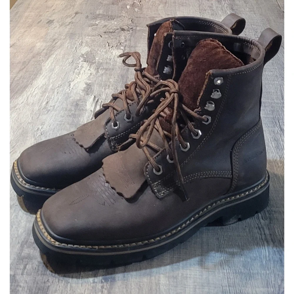 Cody James C8MR2 Men Bark Brown Leather Lace Up Square Soft Toe Kiltie Boots 9 D
